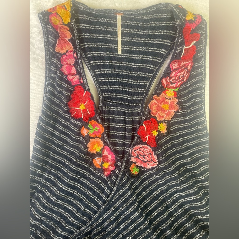 Free People Striped Sleeveless Top with Floral Embroidery